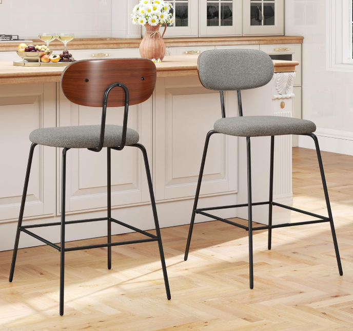 Upholstered Bar Stools with Bentwood Backrests (Set of 2)