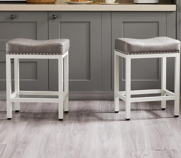 Upholstered Saddle-Seat Bar Stools with Footrests (Set of 2)